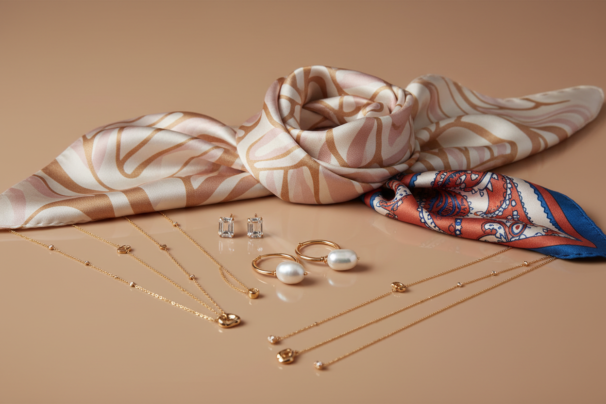 create image for accessories collections including demi-jewerly and scarfs. background should be nude and picture should seem elegant and high-end